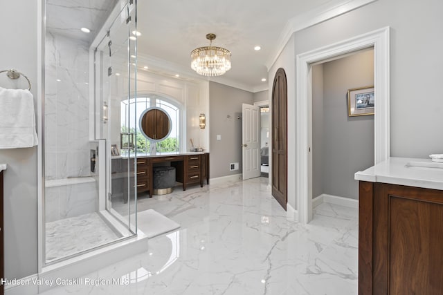 1 Stoneridge Dr, Loudonville, NY 12211 - full bathroom featuring vanity, crown molding, marble tiled flooring, a marble finish shower, and a chandelier