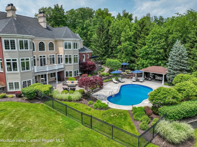 1 Stoneridge Dr, Loudonville, NY 12211 - view of pool with an outdoor living space, a patio area, and a gazebo