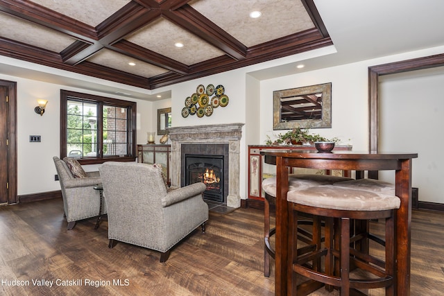 1 Stoneridge Dr, Loudonville, NY 12211 - living area with dark wood finished floors, a high end fireplace, crown molding, beamed ceiling, and coffered ceiling