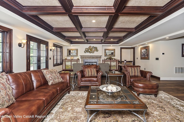1 Stoneridge Dr, Loudonville, NY 12211 - living area featuring wood finished floors, coffered ceiling, a fireplace, beamed ceiling, and recessed lighting