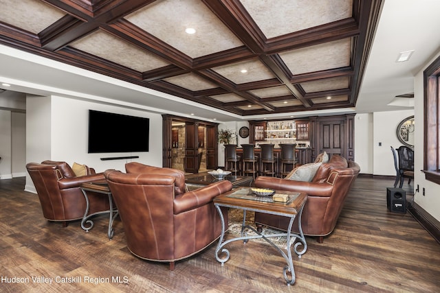 1 Stoneridge Dr, Loudonville, NY 12211 - living area with wood finished floors, coffered ceiling, bar, beam ceiling, and recessed lighting