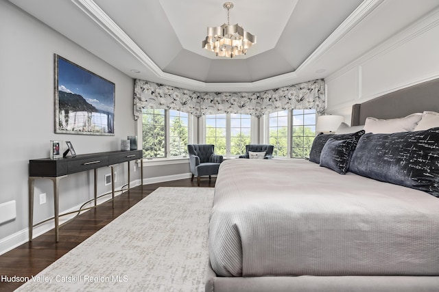 1 Stoneridge Dr, Loudonville, NY 12211 - bedroom featuring a chandelier, a raised ceiling, multiple windows, and dark wood-style flooring