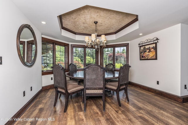 1 Stoneridge Dr, Loudonville, NY 12211 - dining room featuring a chandelier, a tray ceiling, dark wood finished floors, ornamental molding, and plenty of natural light