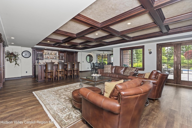 1 Stoneridge Dr, Loudonville, NY 12211 - living room featuring coffered ceiling, dark wood finished floors, bar, beamed ceiling, and recessed lighting