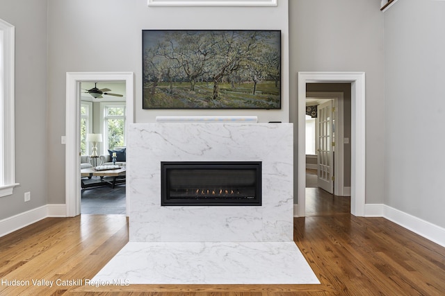 1 Stoneridge Dr, Loudonville, NY 12211 - detailed view of wood finished floors, a high end fireplace, and a ceiling fan