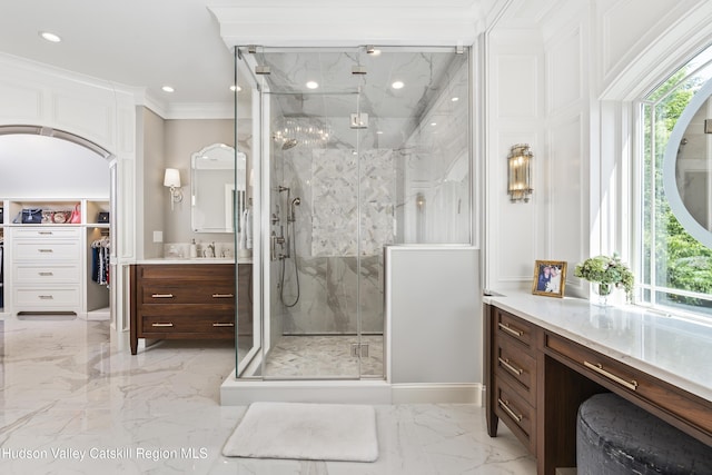1 Stoneridge Dr, Loudonville, NY 12211 - full bath with marble tiled floors, vanity, a marble finish shower, recessed lighting, and ornamental molding