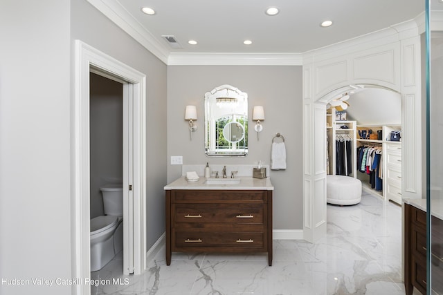 1 Stoneridge Dr, Loudonville, NY 12211 - full bathroom with vanity, recessed lighting, a spacious closet, crown molding, and marble finish flooring