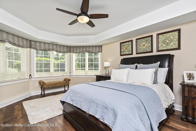 1 Stoneridge Dr, Loudonville, NY 12211 - bedroom featuring dark wood-type flooring, a tray ceiling, and a ceiling fan