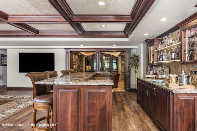 1 Stoneridge Dr, Loudonville, NY 12211 - indoor wet bar featuring dark wood-style flooring, coffered ceiling, crown molding, recessed lighting, and beamed ceiling