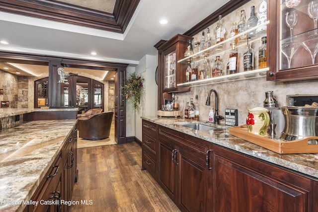 1 Stoneridge Dr, Loudonville, NY 12211 - indoor wet bar featuring dark wood-style floors, recessed lighting, and french doors