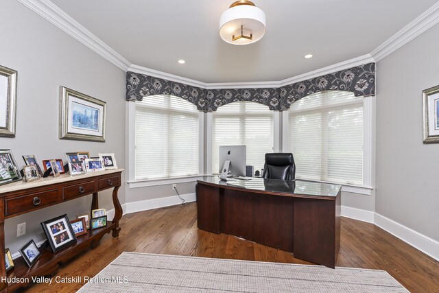 1 Stoneridge Dr, Loudonville, NY 12211 - home office with crown molding, dark wood-type flooring, and recessed lighting