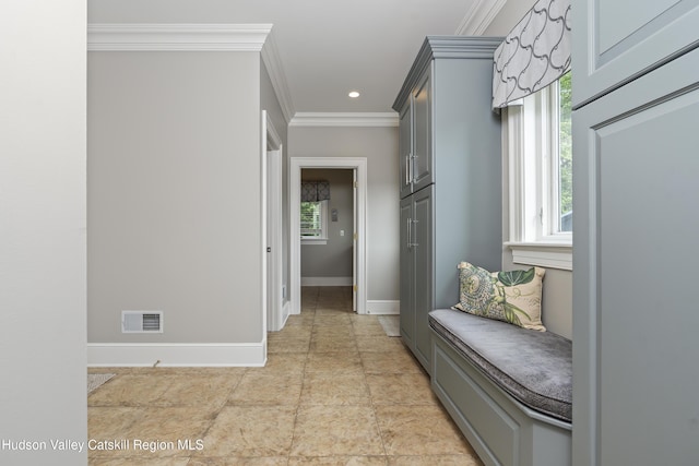 1 Stoneridge Dr, Loudonville, NY 12211 - hallway with ornamental molding, recessed lighting, and light stone finish floors