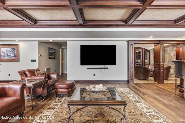 1 Stoneridge Dr, Loudonville, NY 12211 - living area featuring coffered ceiling, wood finished floors, beamed ceiling, and recessed lighting