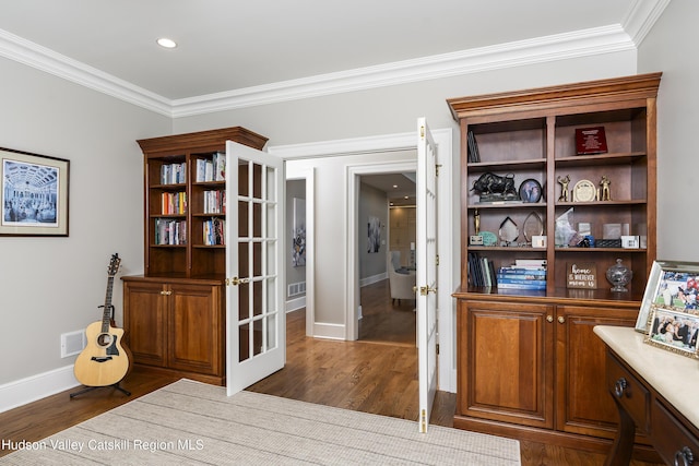 1 Stoneridge Dr, Loudonville, NY 12211 - office area featuring crown molding, dark wood finished floors, and recessed lighting