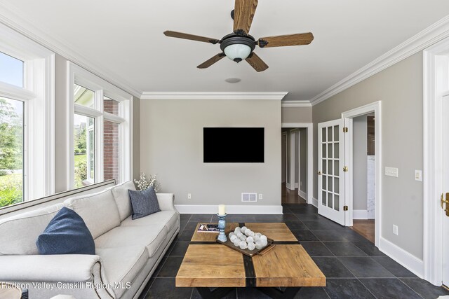1 Stoneridge Dr, Loudonville, NY 12211 - living room featuring dark tile patterned flooring, crown molding, french doors, and ceiling fan