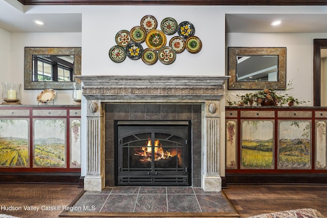 1 Stoneridge Dr, Loudonville, NY 12211 - detailed view of a tiled fireplace, wood finished floors, and recessed lighting
