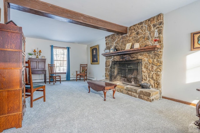 176 High Rock Rd, West Coxsackie, NY 12192 - living room with carpet flooring, beam ceiling, a fireplace, and baseboards