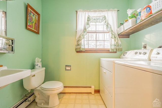 176 High Rock Rd, West Coxsackie, NY 12192 - bathroom featuring a baseboard radiator, independent washer and dryer, tile patterned floors, and toilet