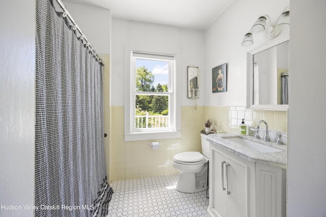 202 Buckwheat Bridge Rd, Germantown, NY 12526 - bathroom featuring tile walls, vanity, toilet, wainscoting, and a shower with curtain