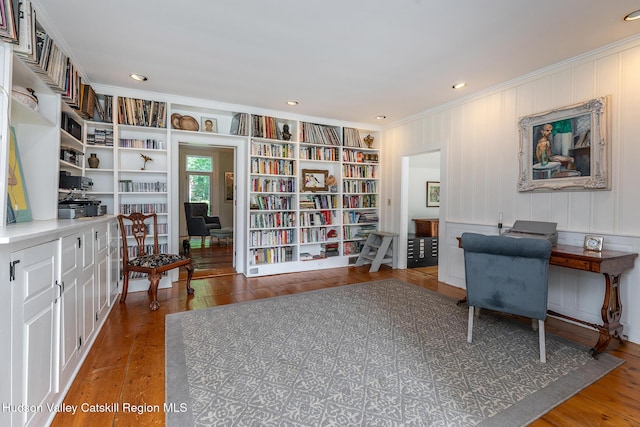 202 Buckwheat Bridge Rd, Germantown, NY 12526 - office space with crown molding, wood-type flooring, built in shelves, and recessed lighting