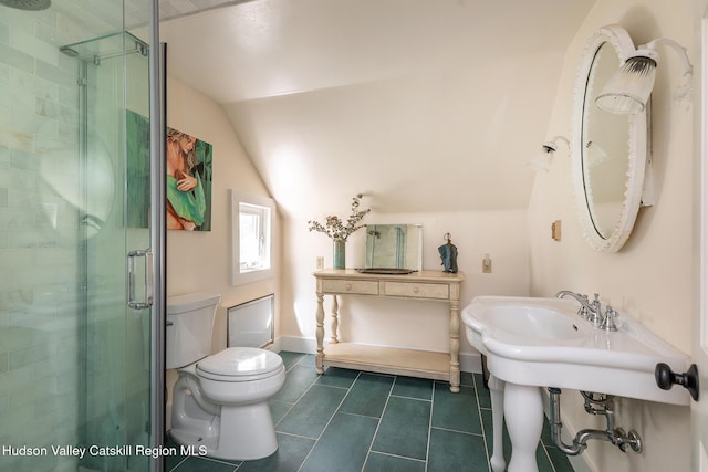 202 Buckwheat Bridge Rd, Germantown, NY 12526 - full bath featuring tile patterned floors, a stall shower, and lofted ceiling