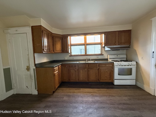 kitchen with white range with gas stovetop, sink, and dark wood-type flooring