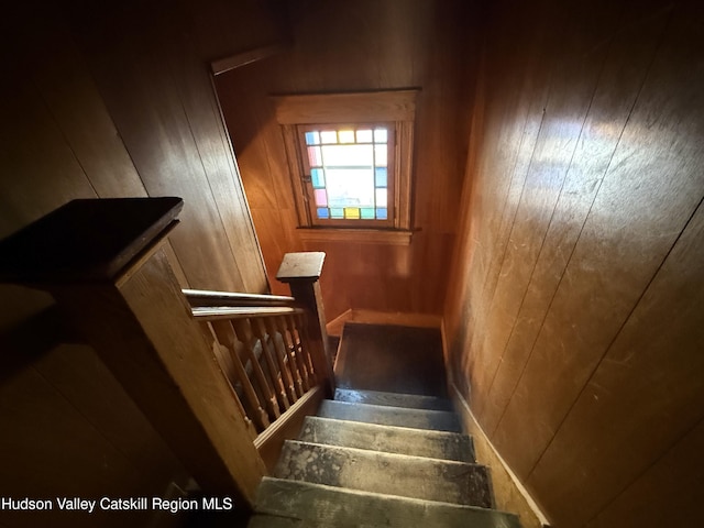 staircase with wood walls