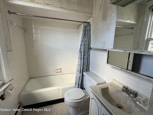 full bathroom with decorative backsplash, vanity, shower / bathtub combination with curtain, tile walls, and toilet