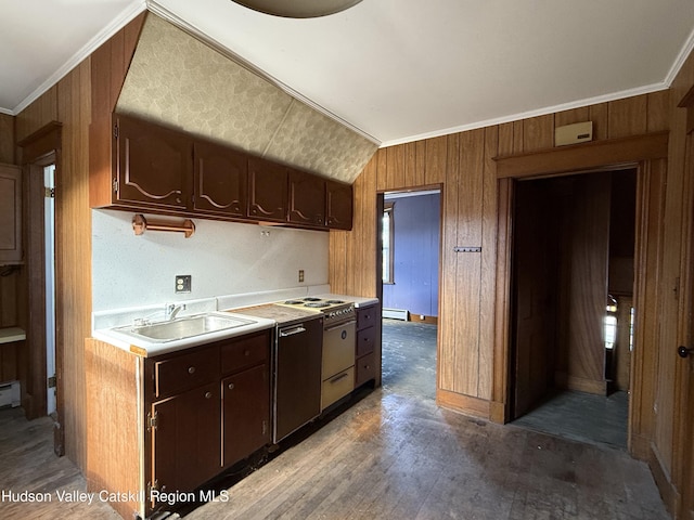 kitchen with crown molding, sink, and dark wood-type flooring