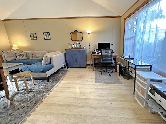 office with lofted ceiling and light hardwood / wood-style flooring