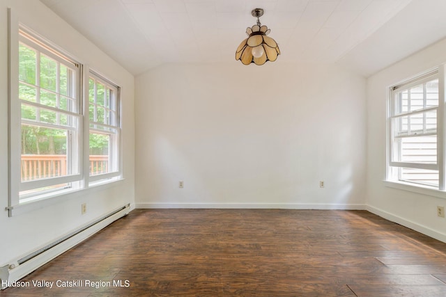 unfurnished room featuring plenty of natural light, dark wood-type flooring, and a baseboard heating unit