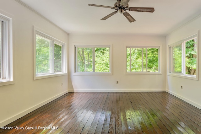 unfurnished sunroom featuring ceiling fan