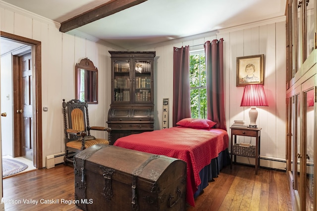 1716 Rte 212, Saugerties, NY 12477 - bedroom with hardwood / wood-style flooring, a baseboard radiator, beamed ceiling, ornamental molding, and a decorative wall
