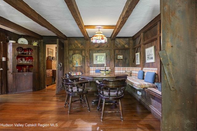 1716 Rte 212, Saugerties, NY 12477 - dining area featuring wood walls, wood finished floors, a chandelier, and beam ceiling