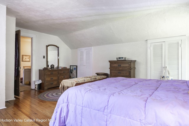 1716 Rte 212, Saugerties, NY 12477 - bedroom featuring wood finished floors, vaulted ceiling, a textured ceiling, two closets, and connected bathroom