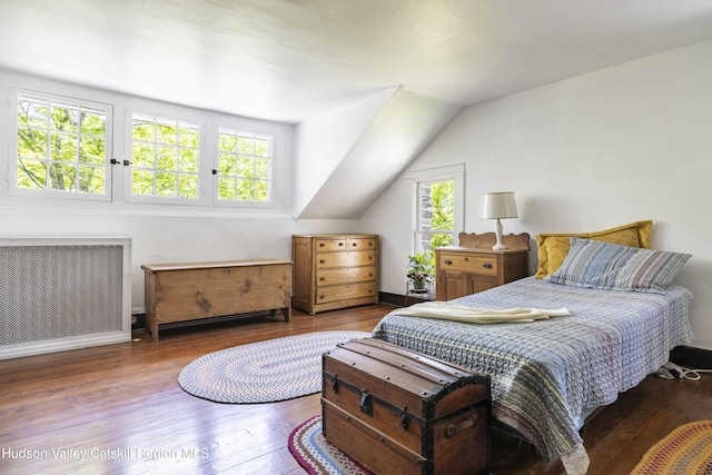 1716 Rte 212, Saugerties, NY 12477 - bedroom featuring multiple windows, radiator, hardwood / wood-style floors, and lofted ceiling