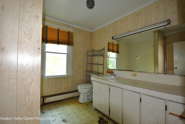 2693 Rte 9w, Saugerties, NY 12477 - bathroom with a baseboard heating unit, tile patterned floors, vanity, crown molding, and wood walls