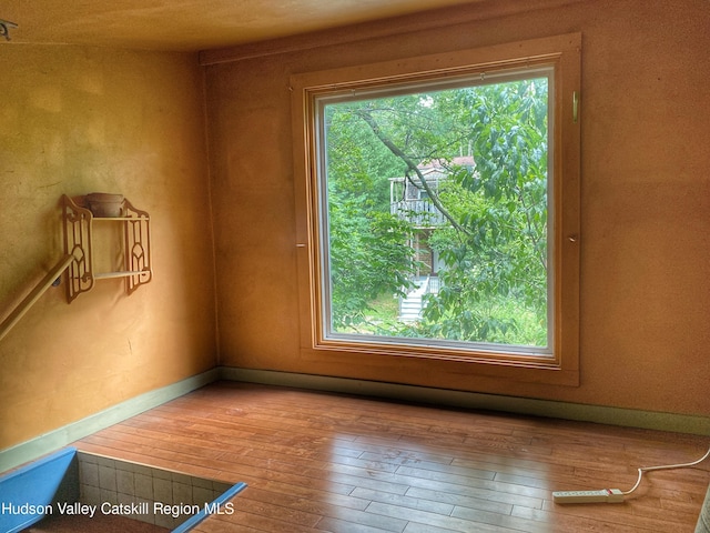 unfurnished room featuring wood-type flooring and a healthy amount of sunlight