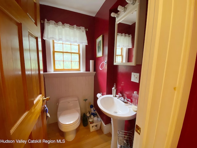 bathroom featuring hardwood / wood-style flooring, toilet, and sink