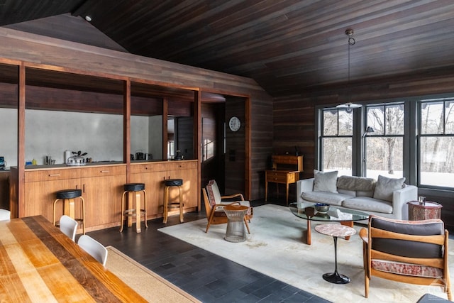 890 Bald Mountain Rd, Austerlitz, NY 12017 - living area featuring vaulted ceiling, wood walls, dark wood-style flooring, and wood ceiling