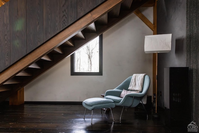 890 Bald Mountain Rd, Austerlitz, NY 12017 - living area with hardwood / wood-style floors, stairway, and baseboards
