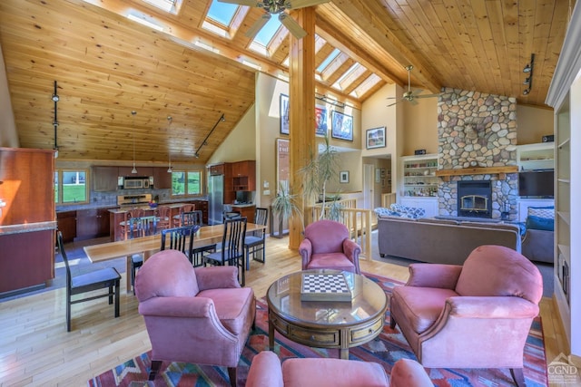 234 Botti Dr, Hunter, NY 12442 - living area with light wood-style flooring, ceiling fan, high vaulted ceiling, wooden ceiling, and a skylight