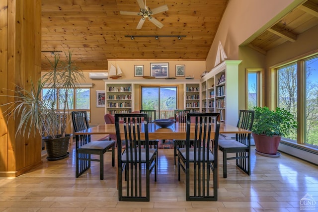 234 Botti Dr, Hunter, NY 12442 - dining space featuring wood ceiling, an AC wall unit, beam ceiling, light wood finished floors, and high vaulted ceiling