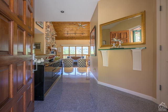 234 Botti Dr, Hunter, NY 12442 - hall featuring baseboards, wooden ceiling, and high vaulted ceiling