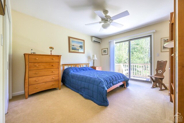 234 Botti Dr, Hunter, NY 12442 - bedroom featuring access to outside, an AC wall unit, light colored carpet, and ceiling fan