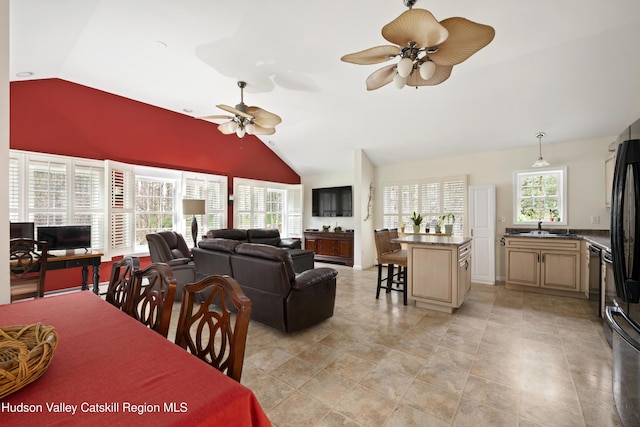 146 Sherman Rd, Kingston, NY 12401 - dining area with ceiling fan and vaulted ceiling