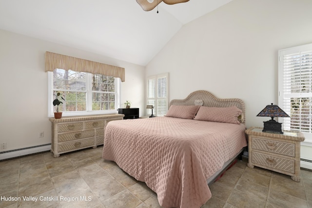 146 Sherman Rd, Kingston, NY 12401 - bedroom with a ceiling fan, high vaulted ceiling, multiple windows, and a baseboard radiator
