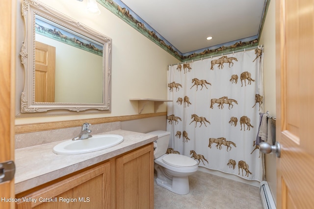 bathroom featuring vanity, a baseboard heating unit, tile patterned flooring, toilet, and walk in shower