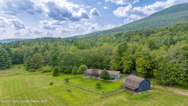 drone / aerial view featuring a mountain view and a rural view