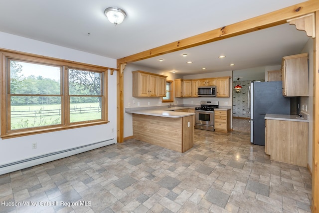 kitchen featuring light brown cabinets, sink, baseboard heating, kitchen peninsula, and stainless steel appliances